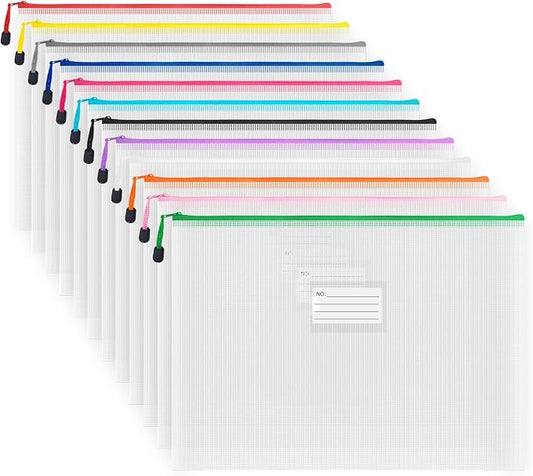 Plastic Mesh Zipper Pouch, 12Pcs Zipper File Bags with Label Pocket, A3 Size 16.9x12in, White