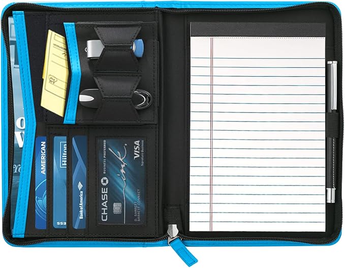 Small Portfolio Organizer, A5 Zippered Business Portfolio, Junior Padfolio Folder Binder for Women & Men, 5 x 8 Writing Pad Included, Blue
