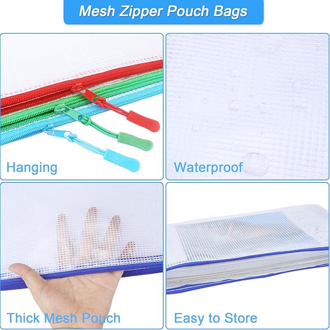 Mesh Zipper Pouch Bags,10 Colors A4 Size Bags for Waterproof Transparent Document File Organizer Bags for School,Office Supplies,Toys,Puzzles,Board Games Storage