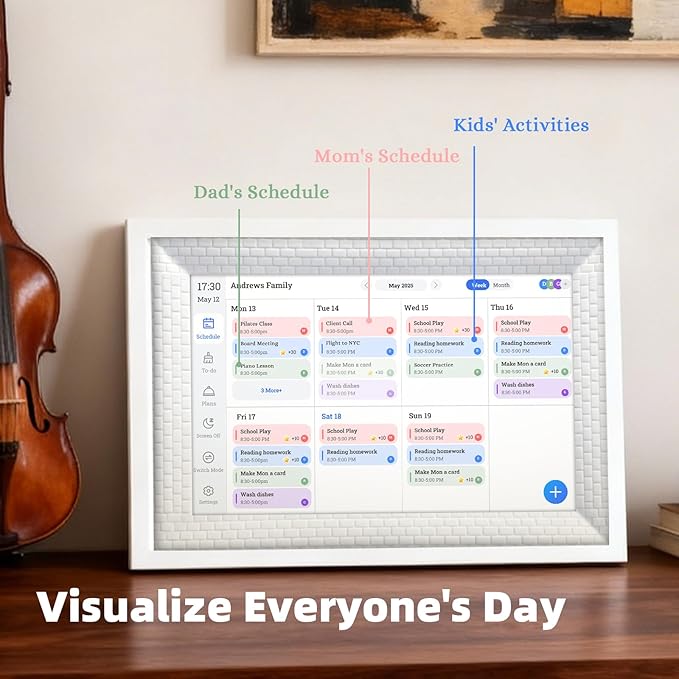10.1" Smart Digital Calendar Display - WiFi Family Command Center & Chore Chart, Syncs Apple/Outlook/Google Calendar, Touch Screen Daily Planner, No Subscription (White Grid)