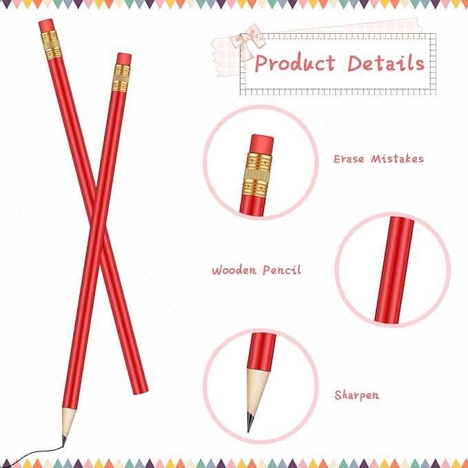 Outus 24 Pieces Round Pencils HB Graphite Pencils Wood Pencils with Eraser Cute Pencil Pack for School Drawing Sketching Wedding Office Supplies(Red)