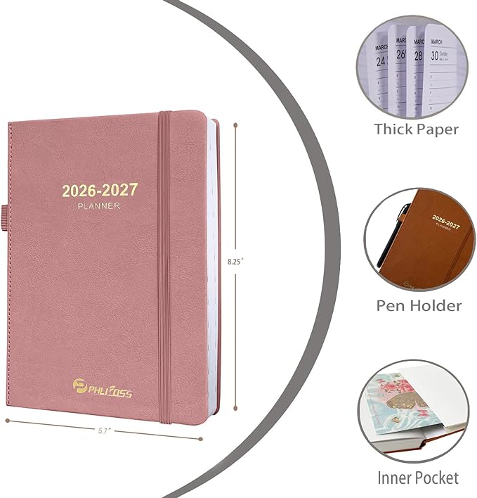 Daily Planner 2026-2027, One Page Per Day, Academic Calendar (July 2026 - June 2027), Appointment Book with Time Slots and Monthly Tabs, 5.7" x 8.25", Pocket, Leather Cove (Pink)