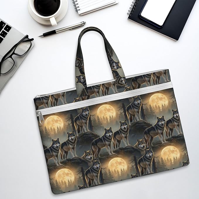 Double Pocket Canvas Zipper Pouch File Bag Full Moon Wild Wolf Art, Waterproof Document Briefcase with Handle for Travel Office