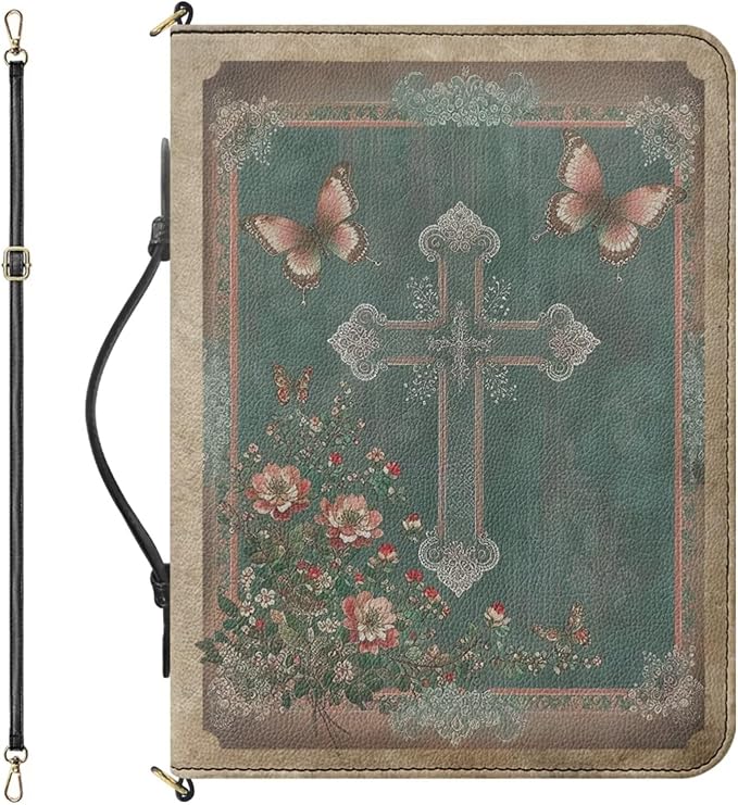 Large Bible Cover for Women, Green Bible Bag with Strap and Handle, Boho Crucifix Print PU Leather Biblia Carrier with Inner Pockets and Pen Loop, Christian Gifts for Women
