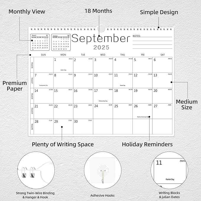 2026 Calendar Wall Calendar from July 2025 to December 2026,18 Months Wall Hanging Calendars with Thick Paper for Office Home School(White,14.7x11.5 inch)