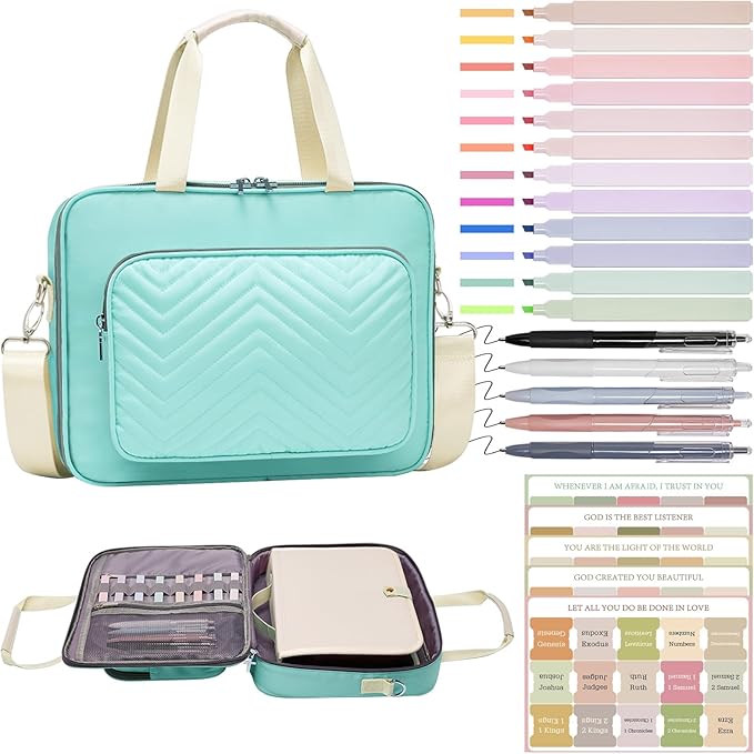 Waterproof Bible Bag for Women With Detachable Case,Quilted Bible Bag with Leather Handle,Bible Journaling Kit: 5 Pens, 12 Highlighters, 72 Tabs,Christian Travel Carrier (Green)