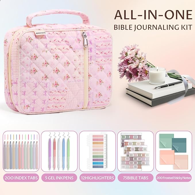 Quilted Bible Cover Case for Women with Bible Study Supplies Journaling Kit Floral Bible Bag Carrying Case with Pastel Highlighters Tabs, Women Christmas Christian Gifts (Purple Pin, M)