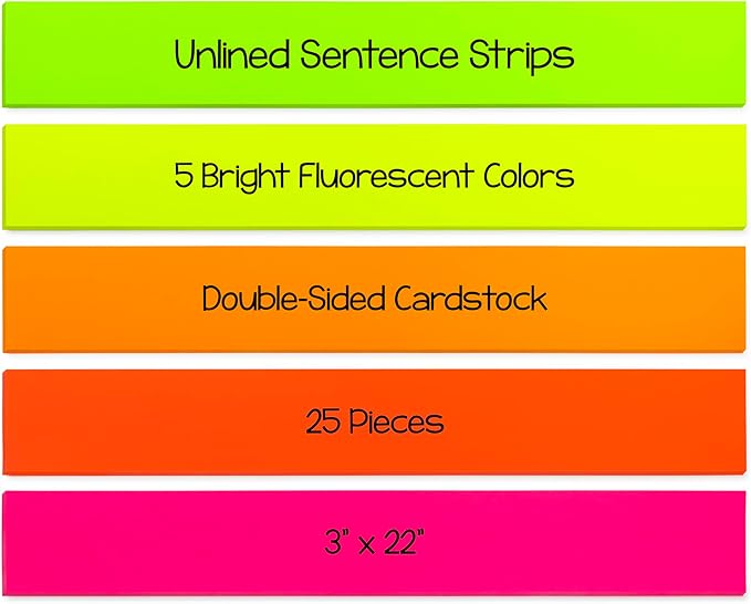Hygloss Unruled Sentence Strips for Teachers - 25 Strips, 5 Bright Neon Colors - 3" x 22" - Perfect Classroom Supplies - Fluorescent Cardstock, Teacher Must Haves