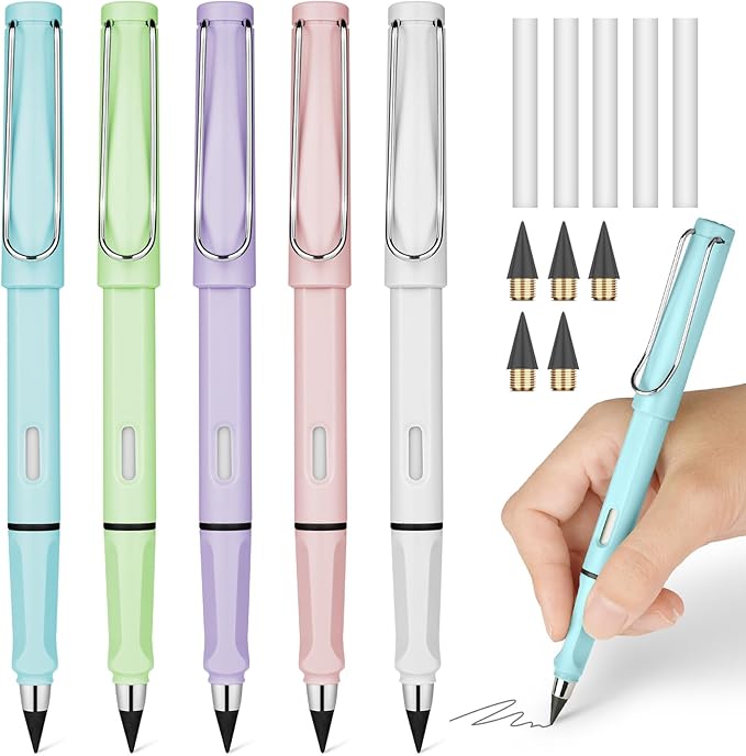 Ainiv Inkless Pencil with Eraser, 5 Sets Infinity Pencil Everlasting Pencil, Reusable Infinite Pencil with Extra 5 Eraser & 5 Replaceable Nibs, Endless Pencil for Home Office School Writing Drawing