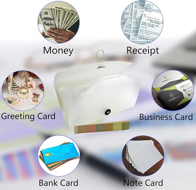 Portable 13-Pocket Receipt & Coupon Organizer, Small Expanding Accordion File Folder with Labels, Long Ticket Size Holder for Bills, Checks, and Travel Documents (10.2" x 5.5"), White