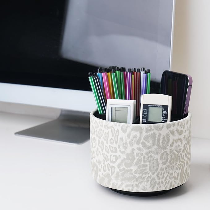 Round Leather Art Supply Organizer,Remote Control Holder,360 Degree Rotating,Multi-Functional Pencil Holder,4 Compartments Desktop Stationary Organizer(1-Leopard White)
