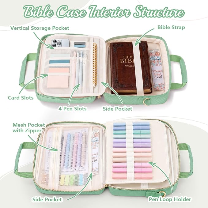 XKDOUS Bible Cover Case for Women, Quilted Large Bible Bag with Shoulder Strap, Bible Study Supplies with Highlighters, Tabs & Journaling Kit, Christian Gifts for Mom & Women (Light Green)