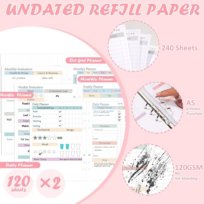 ADHD Planner Refill Pages for A5 Binders 240 Sheets/480 pages Planner Inserts Daily Weekly Monthly for 6 Ring Binder Undated Planners Refills Colorful To Do List Refill Paper 120 GSM Thick Loose Leaf Paper for 6 Months Neurodivergent Journal Productivi...