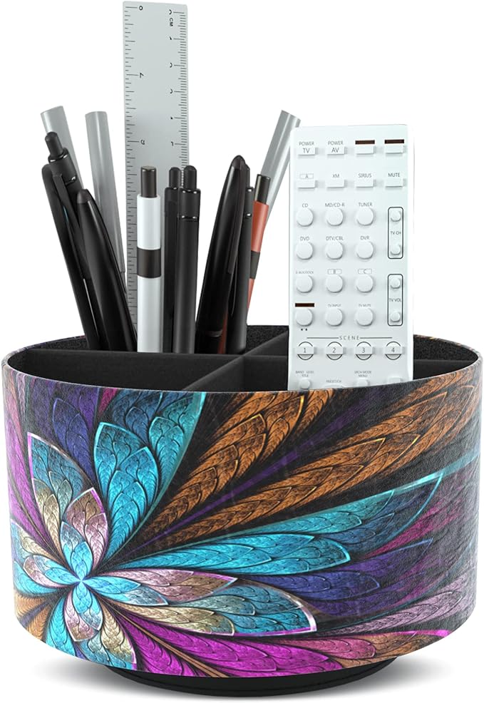 Round Leather Art Supply Organizer,Remote Control Holder,360 Degree Rotating,Multi-Functional Pencil Holder,4 Compartments Desktop Stationary Organizer(1-Fractal Flower) | Round