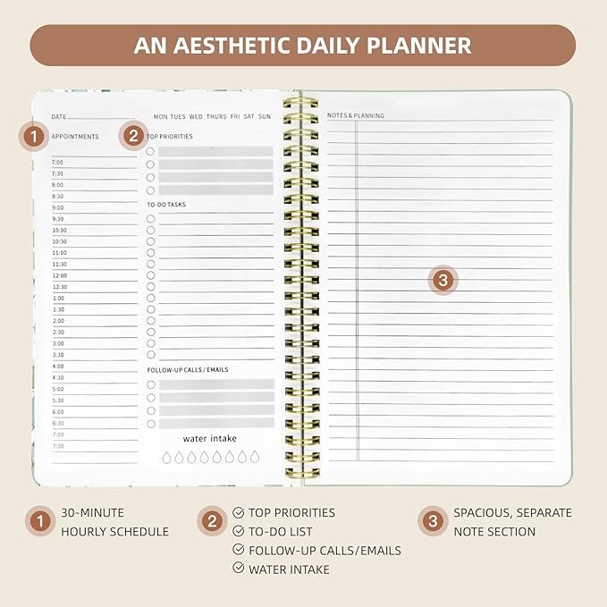 Undated Daily Planner - Spiral Notebook 80 Days One Day Per Page, Hourly Schedule, To-Do List, Notes, Everyday Planning Task, A5 Hardcover Journal Organizer Book Women Cute Aesthetic, Spring