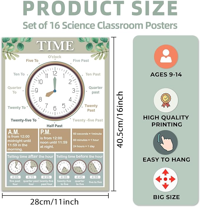 Inkspire 16 Pcs Math Posters for Classroom Decorations, 11 x 16in Math Multiplication Charts for Teachers Kindergarten Elementary School Supplies Education Classroom Bulletin Board Wall Decor （Eucalyptus）