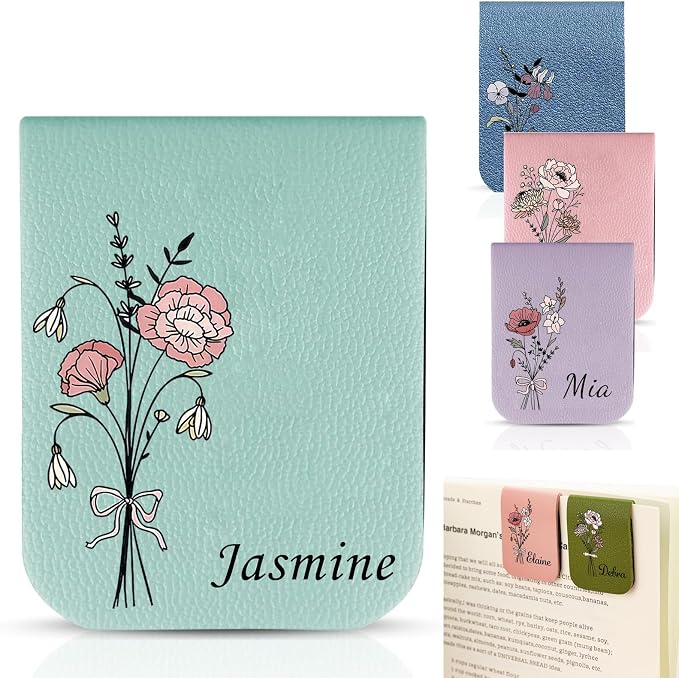 Personalized Leather Magnetic Bookmark with Name, Custom Birth Flower Bookmark for Women, Customized Book Accessories Bookish Gifts for Reading Lovers (Style 1)