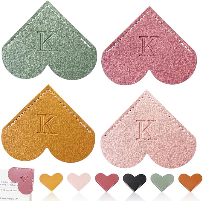 Personalized Leather Heart Bookmark, 26 Letters Customized Corner Book Mark for Reading Women, Book Marker with Initials，Cute Gifts (Light Pink+Deep Pink+Green+Light Brown, K)