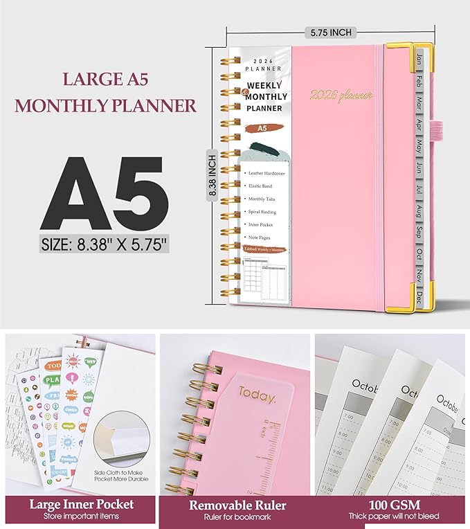 2026 Planner, Weekly and Monthly Calendar Planner from January 2026 - December 2026, 5.75" x 8.38" Hardcover Leather Hourly Appointment Book with Tabs, A5 Spiral Daily Planners for College School Work Home, Light Pink