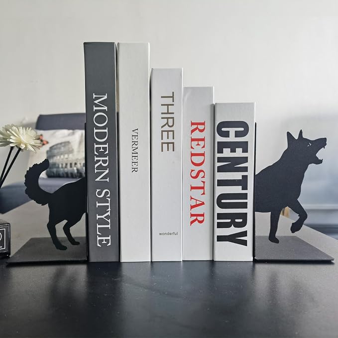 ENCIMART Dog Book Ends Decorative for Shelves, Black Metal Bookend Supports for Heavy Books, Book Stoppers for Home Office Desktop Organizer for Men and Book Lovers Gift