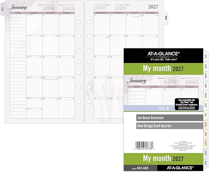 AT-A-GLANCE 2027 Planner Refill, Monthly, 5.5" x 8.5", Desk Size 4, Tabbed, 7-Ring Loose-Leaf, Unruled Blocks, Nature (061-685-27)
