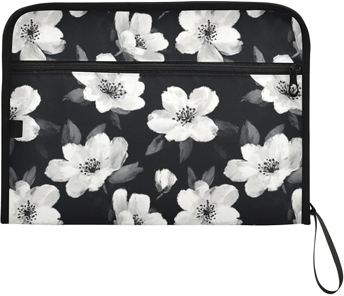 Black White Flowers Accordion File Organizer Expanding Document Folder with 13 Pockets Portable File Folder for A4 Letter Size