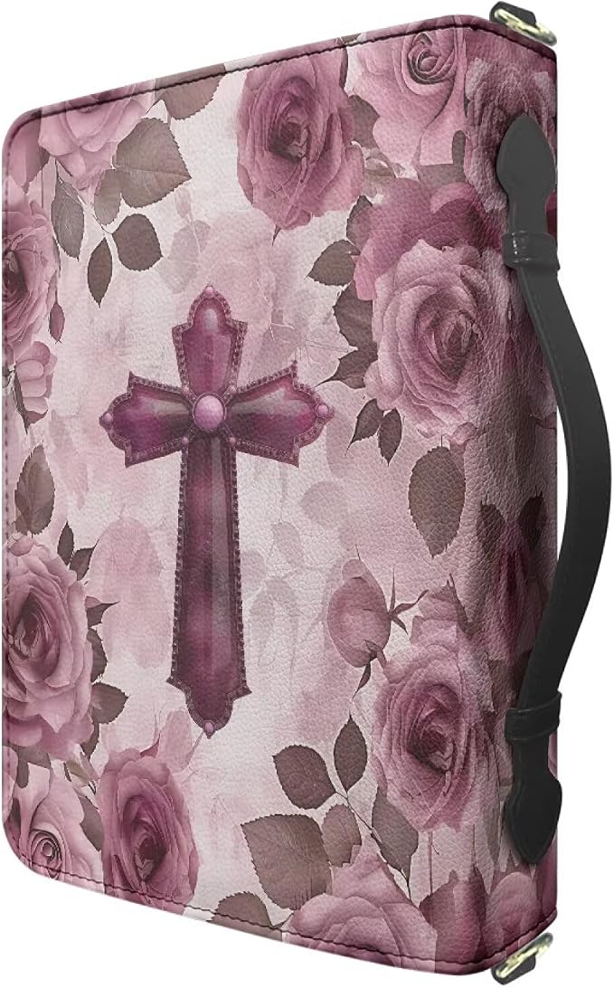 PU Leather Bible Cover,Pink Rose Print with Shoulder Strap M | Bible Cover with Strap and Handle,PU Leather Bible Protecto, Inner Pockets and Pen Loop, Bible Study Supplies for Girls
