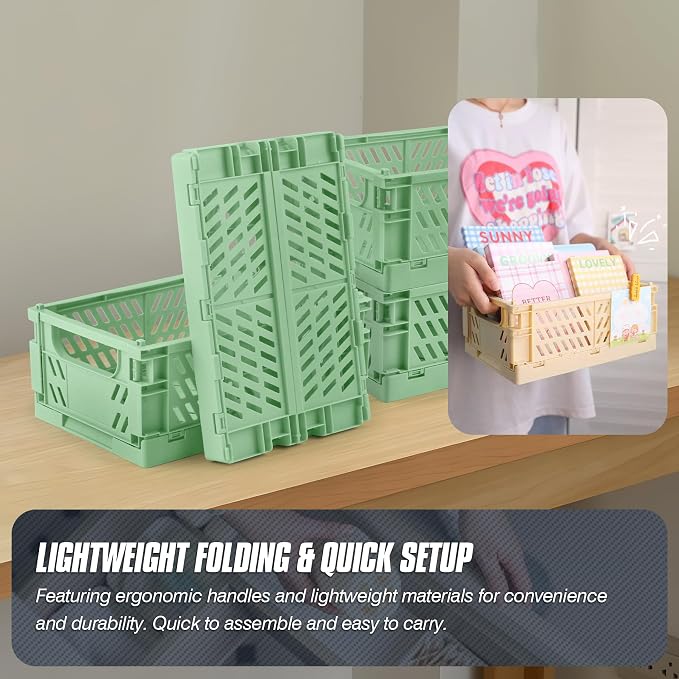 4 Pcs Collapsible Storage Crates, 10x5.9x4 inches Space-Saving Folding Containers, Stackable Plastic Boxes for Home Kitchen Office Bedroom Bathroom, Green