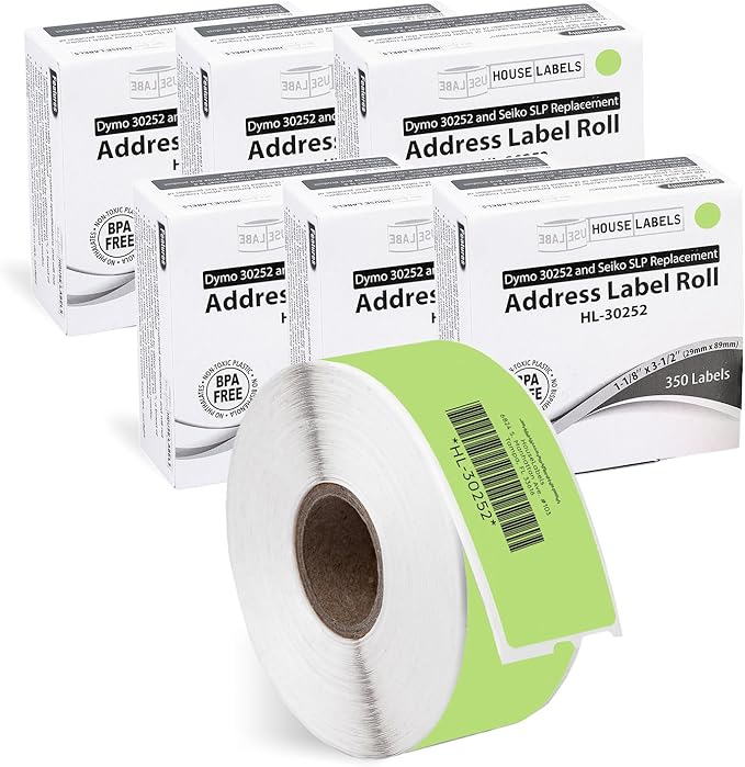 HOUSELABELS Compatible DYMO 30252 Green Address Labels (1-1/8" x 3-1/2"), Strong Permanent Adhesive, Compatible with DYMO LW 450, 4XL, Rollo & Zebra Desktop Printers, 6 Rolls /2100 Labels