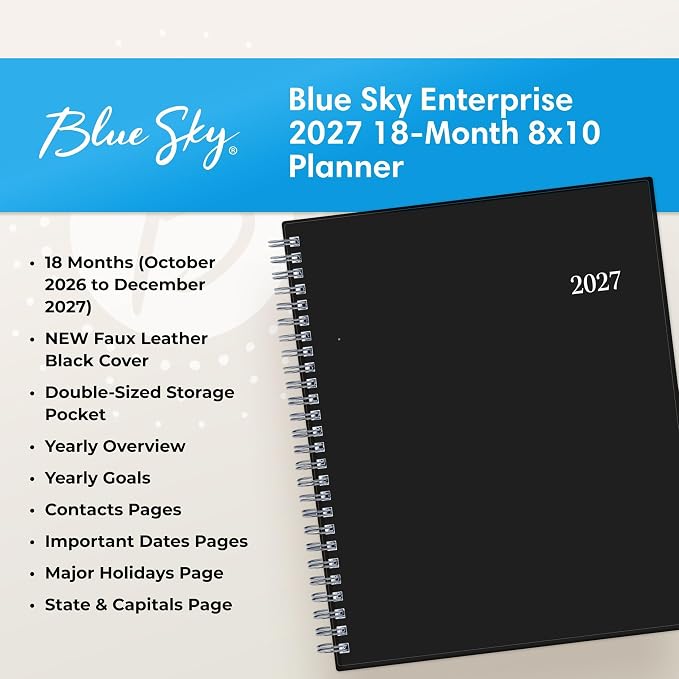 Blue Sky 2027 18 Month Monthly Planner Calendar, July 2026 - December 2027, 8" x 10", Monthly Layout, Flexible Cover, Silver Wirebound, Laminated Tabs, Enterprise