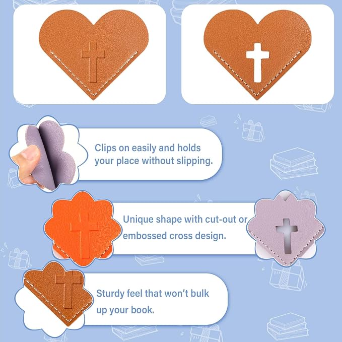 8 Pcs Leather Heart Bookmarks with Cross Design, Christian Gifts for Women, Book Accessories and Gifts for Church or Book Club(Embossed)