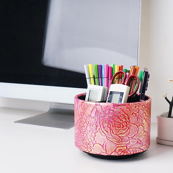 Round Leather Art Supply Organizer,Remote Control Holder,360 Degree Spinning,Multi-Functional Pencil Holder,4 Compartments Desktop Stationary Organizer(1-Rich Flower Pink)
