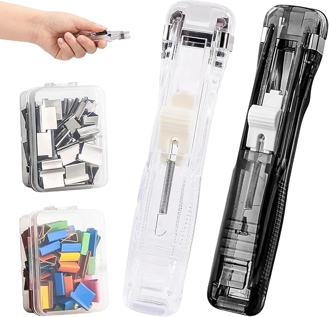 2026 New Portable Binder Clip Stapler, Includes 100 Reusable Clips, Handheld Paper No-Punch Folder, Mini Push Stapler Clamp Staplers for Home, School, and Office Document Binding (2pcsA)
