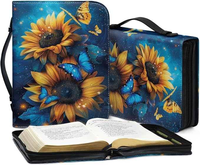 Sunflower Bible Bag Blue Butterfly Bible Cover Case Women Girls Bible Protective with Detachable Shoulder Strap & Zippered Pocket Size：M