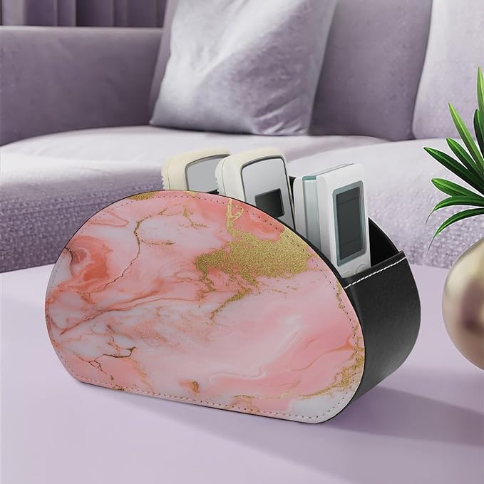 Pink And Gold Marble Pattern Remote Control Holder with 5 Compartments Leather TV Remote Caddy Remote Storage Box Desktop Organizer for Pen/TV Remotes/Media Controllers/Office Supplies