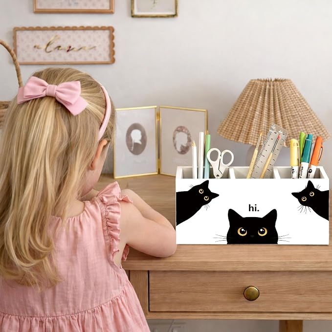 Black Cat Desk Organizer Wooden Pen Pencil Holder for Desk, 3 Compartments Office Desk Accessories, Cute Peeking Cat Desk Decor, Funny Cat Lover Gifts for Women Home Office Desk Storage