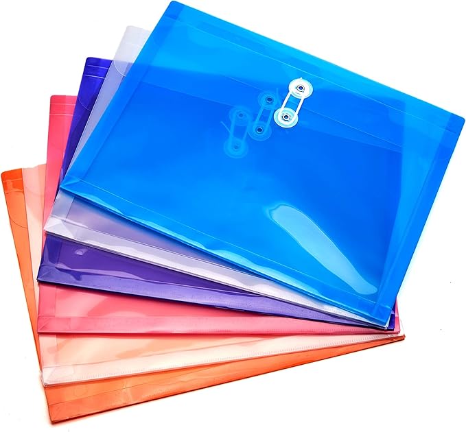 FANWU Plastic Letter Size Envelopes with Button & String Tie Closure, 1-1/6" Expansion, Side Load, Clear Poly Reusable File Folders Project Paper Documents Organizer for Office School & Home