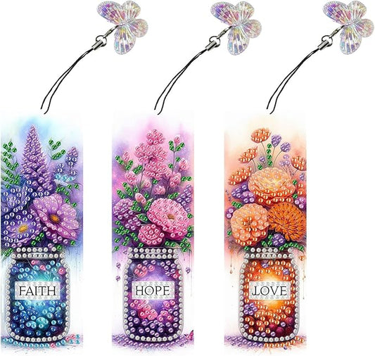ARTopet 3Pcs DIY Diamond Art Painting Bookmarks with Colorful Butterfly Pendant PET Bookmark Ornament Double Sided Pattern Single Sided Diamond Book Marker Clip Gifts Tags-Bouquet