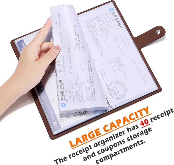 Leather Receipt Organizer,Coupon Organizer with 40 Pockets, Multi-Purpose Receipt Holder Organizer, Wallet Style Coupon Holder Prevent Loss or Damage of Receipts and Coupons (Darkbrown)