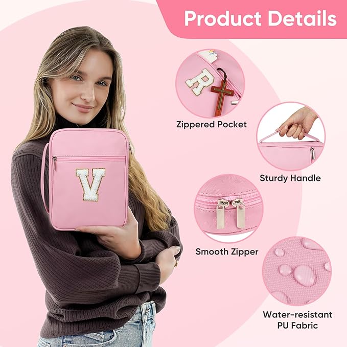 Bible Covers for Girls, Fruobeyla Pink Bibles Cases for Woman PU Leather Bible Carrying Case for Women, Large Bible Tote Bags with Handle and Zippered Pocket for Kids, Pink (Letter V)