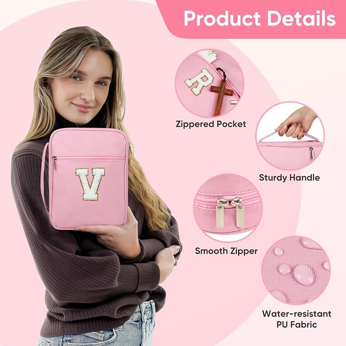 Bible Covers for Girls, Fruobeyla Pink Bible Cases for Woman PU Leather Bibles Carrying Case for Women, Large Bibles Tote Bags with Handle and Zippered Pocket for Kids, Pink (Letter I)