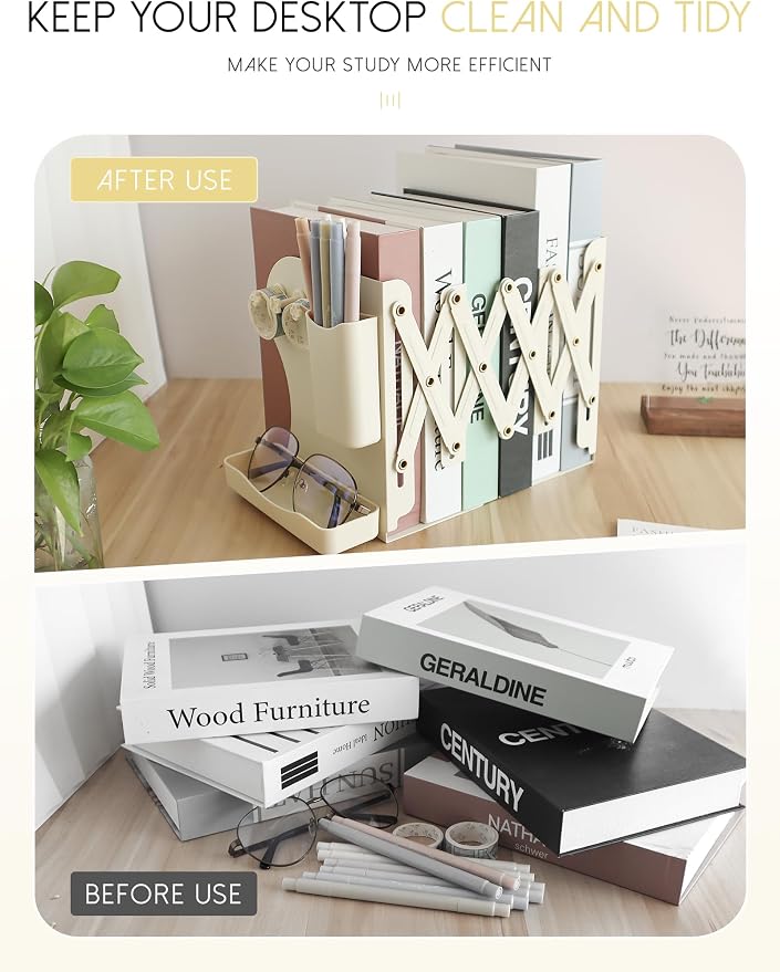 Heavy Duty Bookends Adjustable Book End, Desk Book Holder for Shelves, Book Organizer for Desk, Suitable for Office Home School (19.69 inches Max) (White)