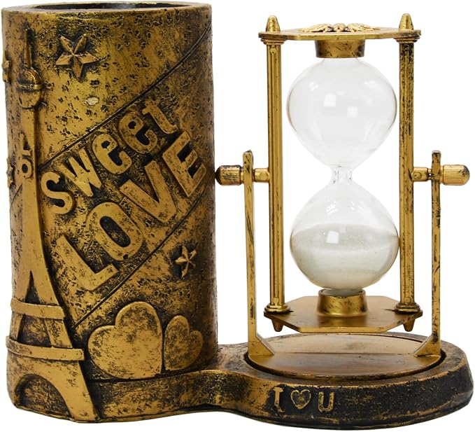 Owlgift Love-Themed Pencil Holder with Hourglass, Resin Desktop Organizer for Office & Study, Pen Holder with Sand Timer, Classic Love Addition Scissors Storage, Artistic Accessory Gift for Lovers