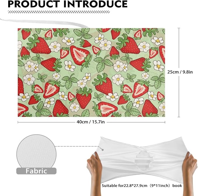Dreaweet Green Book Sleeve Book Protector,Strawberry Print Book Covers for Paperbacks Textbook Hardcover up to 9 x 11 Inches,Washable Fabric,Book Sleeves for Women Girls
