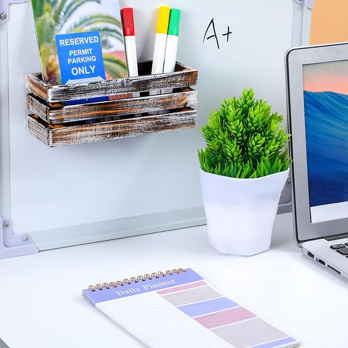 Tatuo 4 Pack Magnetic Whiteboard Marker Holder Burnt Wood Dry Erase Marker Holder for Whiteboard, Desktop Office Supplies Organizer Crates(Brown)