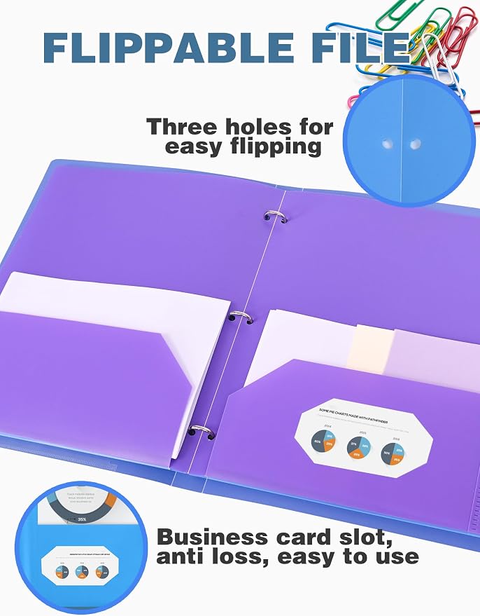 Cesil 6 Pack Folders with Pockets 3 Hole Punched, Plastic Pockets Folders for 3 Ring Binder with Labels, Heavy Duty Binder Folder, 2-Pocket Folder for Document, Colored File Folders Letter Size
