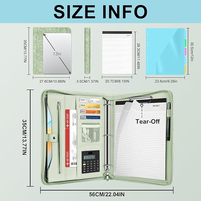 Eshow Portfolio Organizer - 3 Ring Binder with Zipper, Vegan Leather Business Padfolio Folder with Notepad Includes 5 Color Sheet Protectors for Documents Files for Men Women