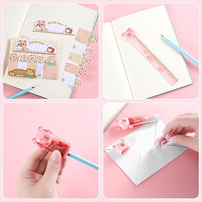 7 Pcs Cute Capybara Stationary Set Kawaii School Supplies Japanese Stationery, Includes Pencil Sharpener, Eraser, Correction Tape, Glue Tape, Sticky Notes, Ruler, for Office School Supplies
