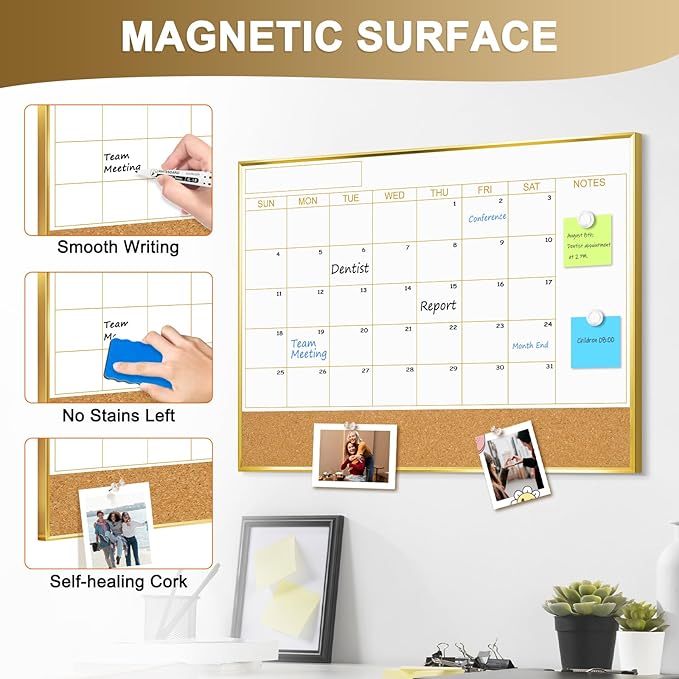 Dry Erase Calendar Whiteboard for Wall, 24'' x 18'' Monthly White Board Planner with Gold Frame and Corkboard, Magnetic Hanging Wipe Board for Home Office School Dorm
