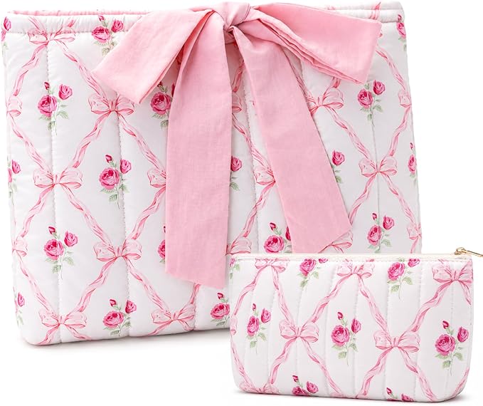 XKDOUS Quilted Cotton Bible Case for Girls and Women, Machine Washable Bible Book Cover with Large Capacity Pen Bag, Soft Cute Bible Carrying Bag with Bow Fits Most Standard Bibles, Sweet Rose